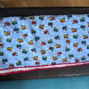 Vintage Baby Blanket With Trains And Red Border Detail Freshly Washed EUC